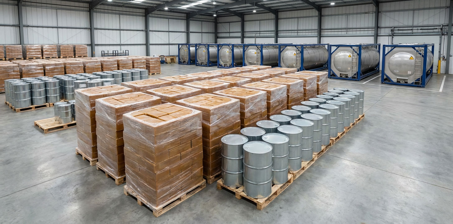 بسته‌بندی صنعتی اسلک وکس در درام فلزی و پالت برای حمل‌ونقل و صادرات